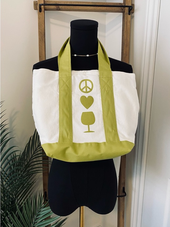 Handbags - Fun Off-White and Lime Green Canvas Tote Bag with Peace, Heart, Wine Icons